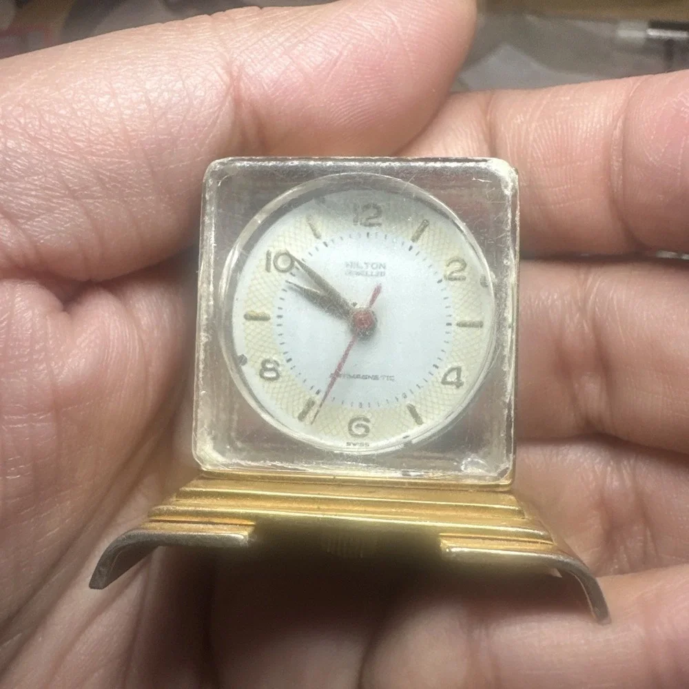 Working Vintage Hilton‎ Jeweled Manual Wind 31mm Skeleton Clock Swiss Antique